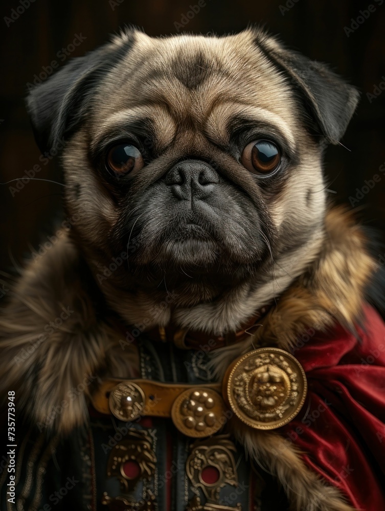 Cute and cuddly pet portrait of a pug influencer as a knight, with a tiny sword and shield, set against a fantasy castle backdrop, blending heroism and humor