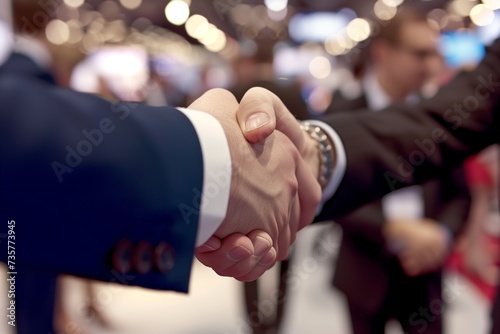 handshake in focus, busy trade show unfocused photo