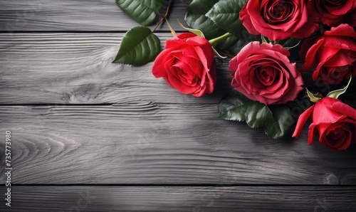 A bunch of vibrant red roses arranged neatly on top of a wooden table.