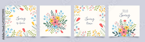 Set of trendy spring floral backgrounds. Minimalist design with floral elements. Vector template for greeting card, banner, poster, invitation, social media post.