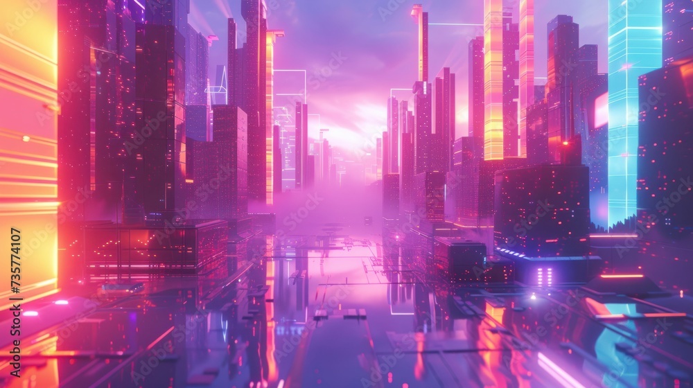 Flat design illustration of a Y2K inspired digital landscape, featuring futuristic cityscapes with neon lights and holographic elements, capturing the essence of early 2000s optimism