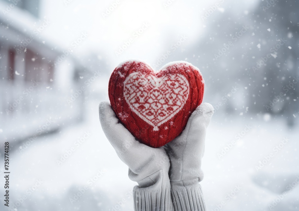 A person holding a red heart in the snowy landscape.
