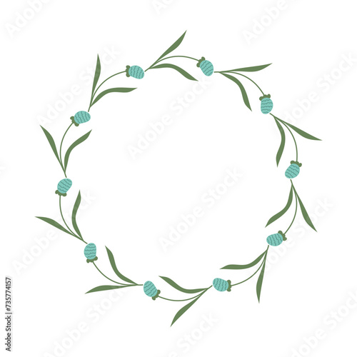 Hand drawn floral frame with blue flowers. Spring minimalist Wreath with copy space. Flat summer decoration elements for invitation cards posters