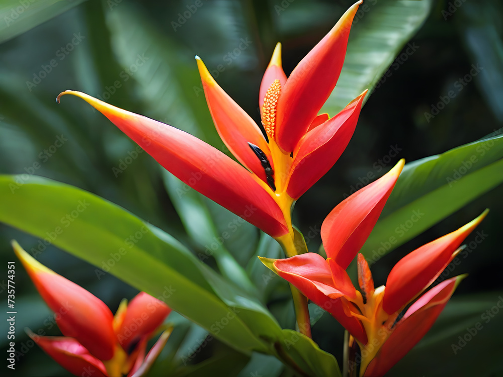 The photograph captures the Heliconia in its natural habitat, surrounded by a verdant tapestry of tropical foliage. AI Generated