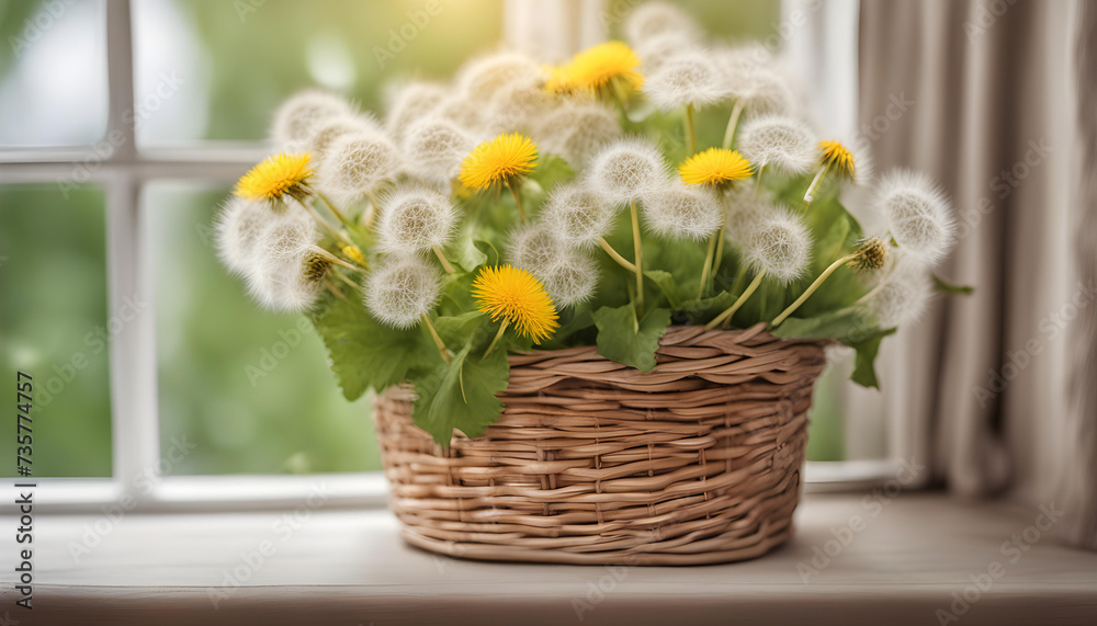 yellow and white Dandelion flowers in wicker basket near window.