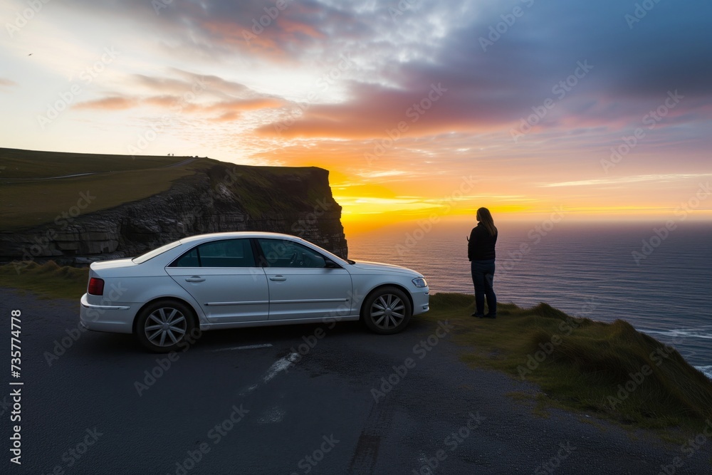 person standing by a white sedan at cliff edge, sunset background