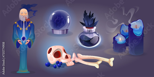 Wizard with long grey beard and staff for wizardry. Cartoon vector set of magician in robe with magic tool, dark ball for witchcraft , potion in glass bottle with black feathers, skull and bones.