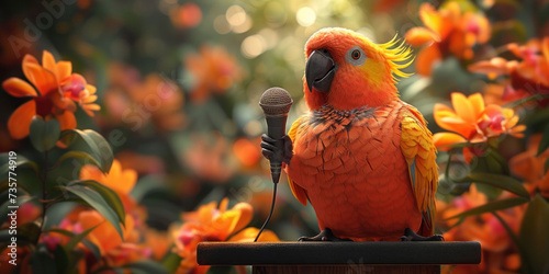 Petfluencer illustration of parrot influencer giving TED Talk, with miniature microphone and lectern, incorporating humor and intelligence in cute pet portrait