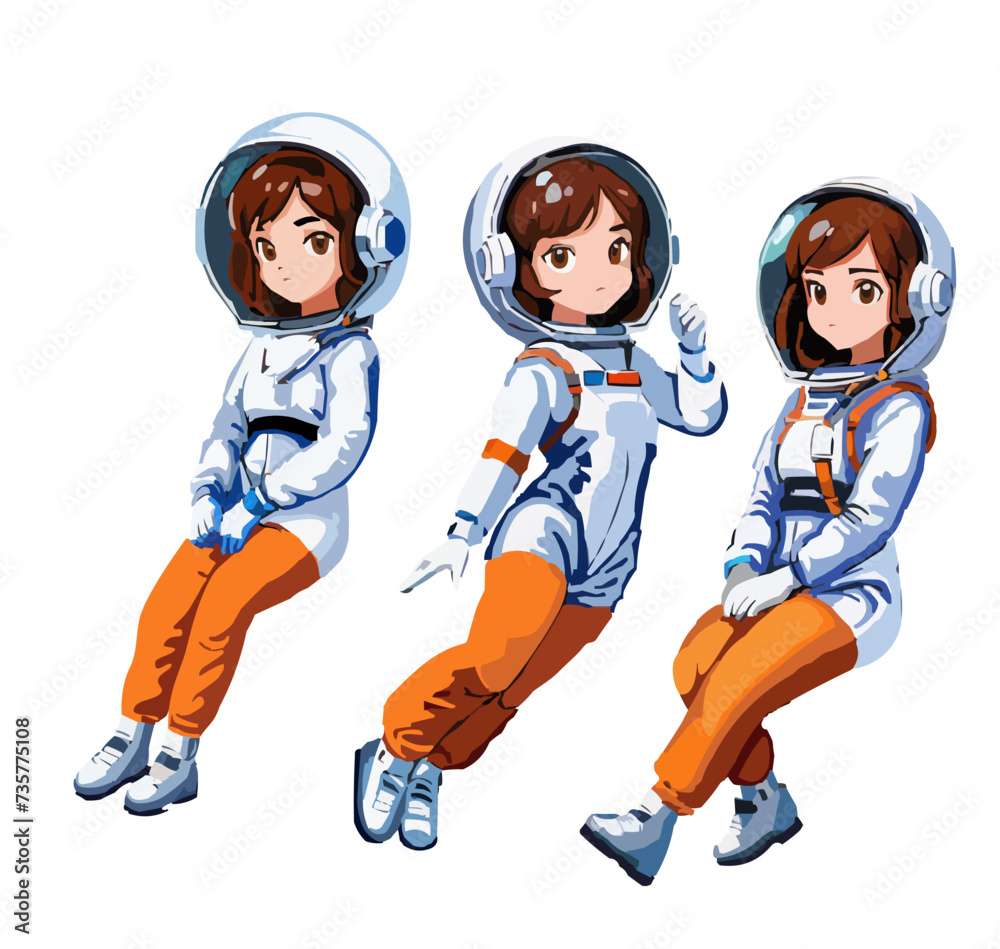 Three poses of a girl astronaut vector drawing isolated from each other. Three poses of a girl astronaut vector drawing isolated from each other.