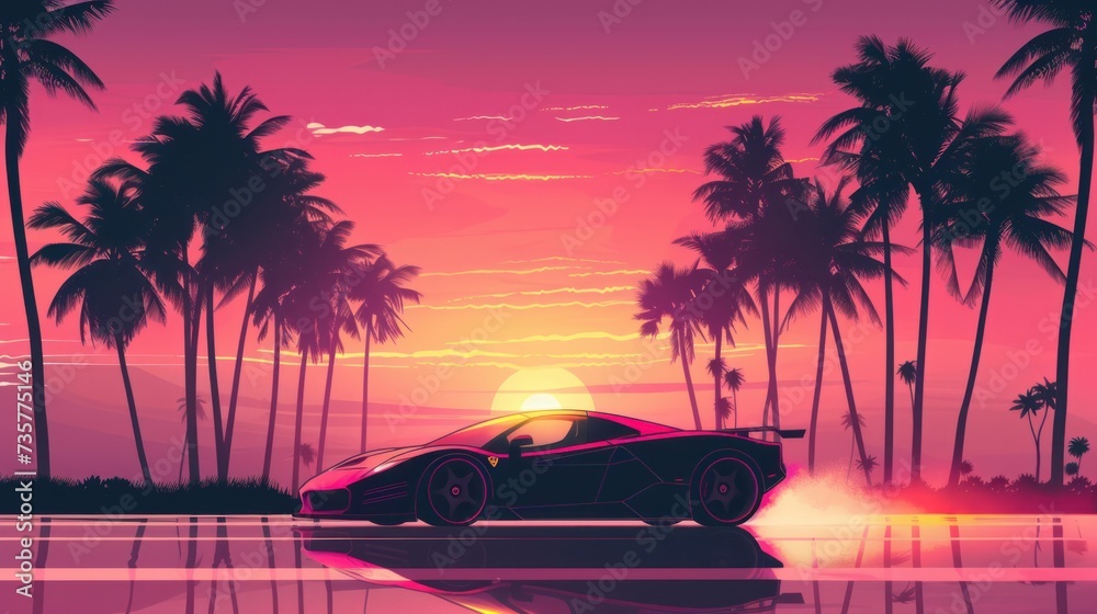 Sleek sports car, palm silhouettes, and gradient skies in synthwave sunset design, a nod to retro futurism's dreamy aesthetic