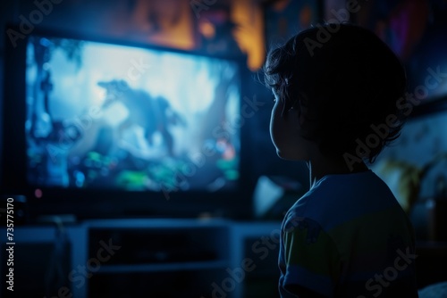 child in a dark room, focused on a thrilling adventure movie on tv