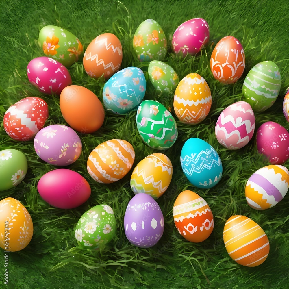 Funny easter eggs in green grass. Cute decoration.