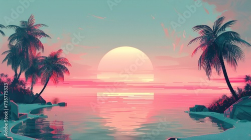 Retro computing and digital nature merge in vaporwave beach scene, pixelated palms and gradient sunsets in flat design