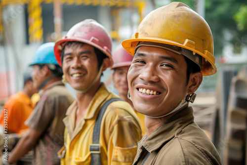 Group of happy Asian workers in hard hats and construction uniforms at a construction site