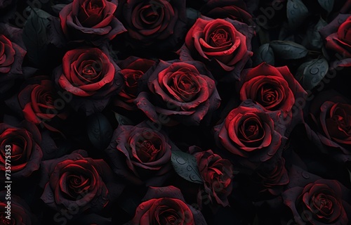 A photo of a group of red roses illuminated in the darkness  showcasing their vibrant color and delicate petals.