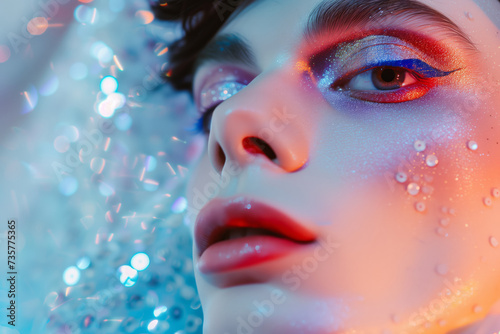 A model looking transsexual guy with trendy modern make-up with glitters gay