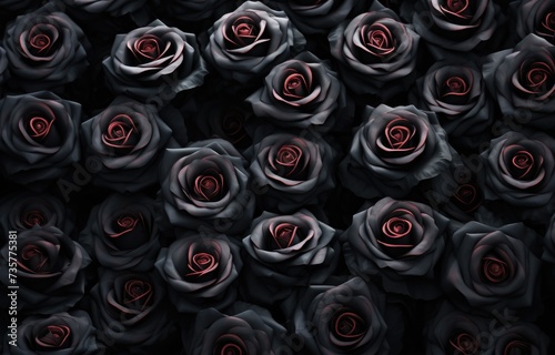 A cluster of black roses featuring vibrant red centers arranged together in a captivating display.