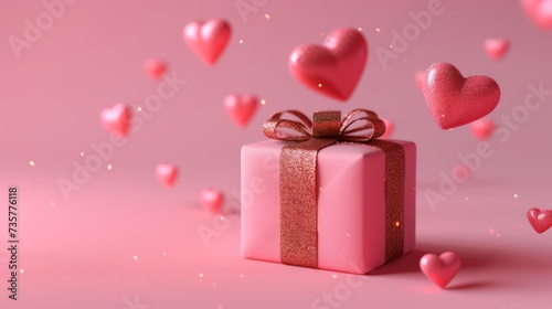 pink gift box with gold ribbon heart romantic banner © meow
