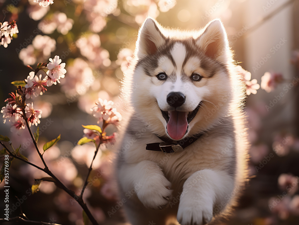 simpatico cucciolo di husky che corre felice in mezzo ai fiori di prato in primavera, azione ed energia, felicità