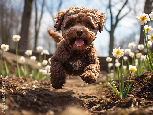 simpatico cucciolo di lagotto marrone che corre felice in mezzo ai fiori di prato in primavera, azione ed energia, felicità photo