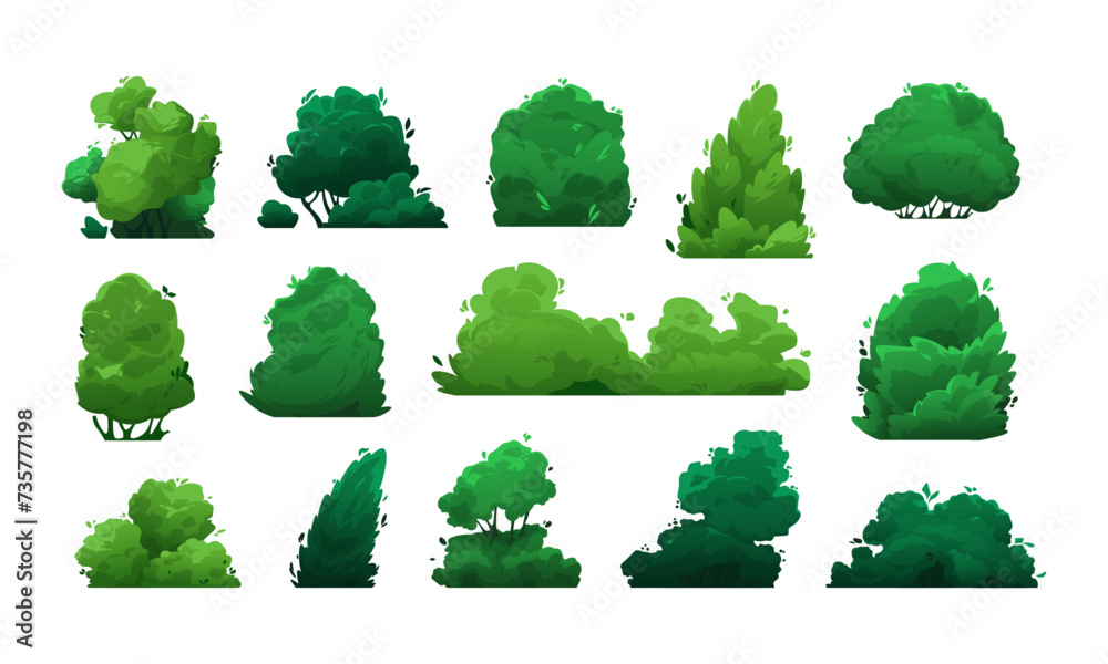 Cartoon bushes. Green shrubs and trees for garden, hedge and field, floristic decorative elements in flat style. Vector isolated set - obrazy, fototapety, plakaty 