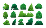 Cartoon bushes. Green shrubs and trees for garden, hedge and field, floristic decorative elements in flat style. Vector isolated set