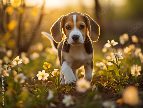 simpatico cucciolo di beagle marrone che corre felice in mezzo ai fiori di prato in primavera, azione ed energia, felicità photo