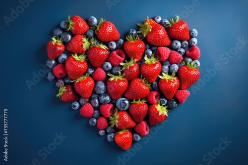 A heart shaped arrangement made from fresh strawberries and blueberries.