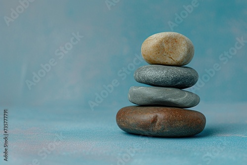 Aufeinander gestapelte Steine vor blauem Hintergrund  Symbol f  r Balance und Meditation 
