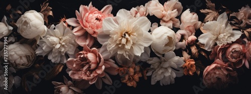 A close up of a vibrant assortment of flowers displayed against a solid black backdrop.