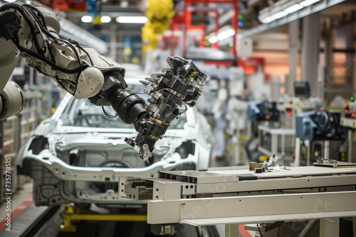 industrial robot moving car parts in assembly line photo