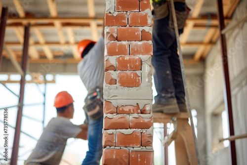 construction team working together to erect a brick pillar photo