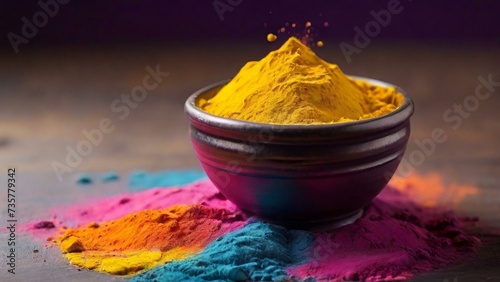Colored holi powders in the bowl, holi background © MARS