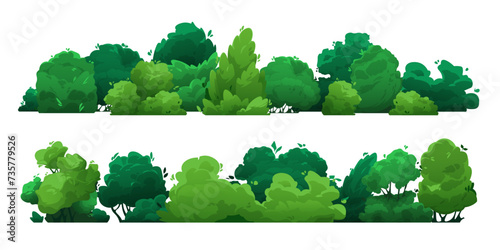 Cartoon green hedge. Floral shrub with leaves, botanical garden plants with branches, simple stylized bush fence. Vector isolated set