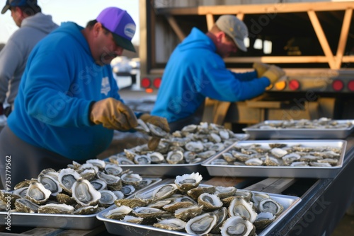 workers loading trays of oysters onto a truck