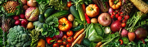 Organic vegetables including cucumbers tomatoes eggplants carrots broccoli cabbage onions celery and asparagus forms colorful backdrop representing abundance and diversity of nature bounty