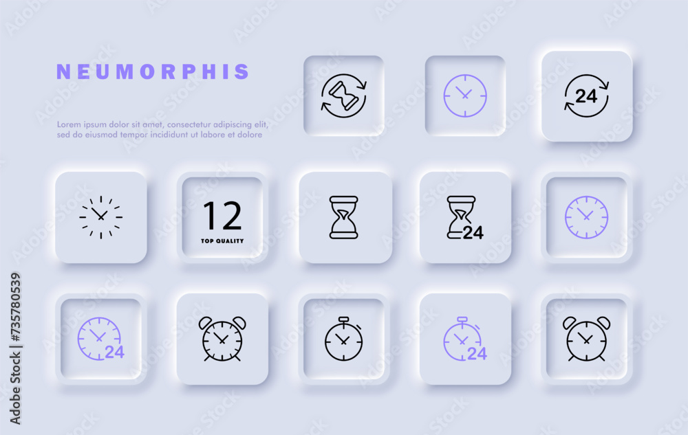 Clock set line icon. Hourglass, timer, second, hour, alarm clock, working day. Neomorphism style. Vector line icon for business and advertising Clock set line icon. Hourglass, timer, second, hour, alarm clock, working day. Neomorphism style. Vector line icon for business and advertising