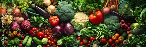 Organic vegetables including cucumbers tomatoes eggplants carrots broccoli cabbage onions celery and asparagus forms colorful backdrop representing abundance and diversity of nature bounty © Thares2020