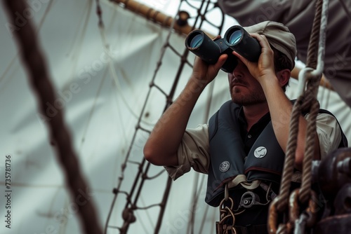 mechanic with binoculars looking out from the ships bow