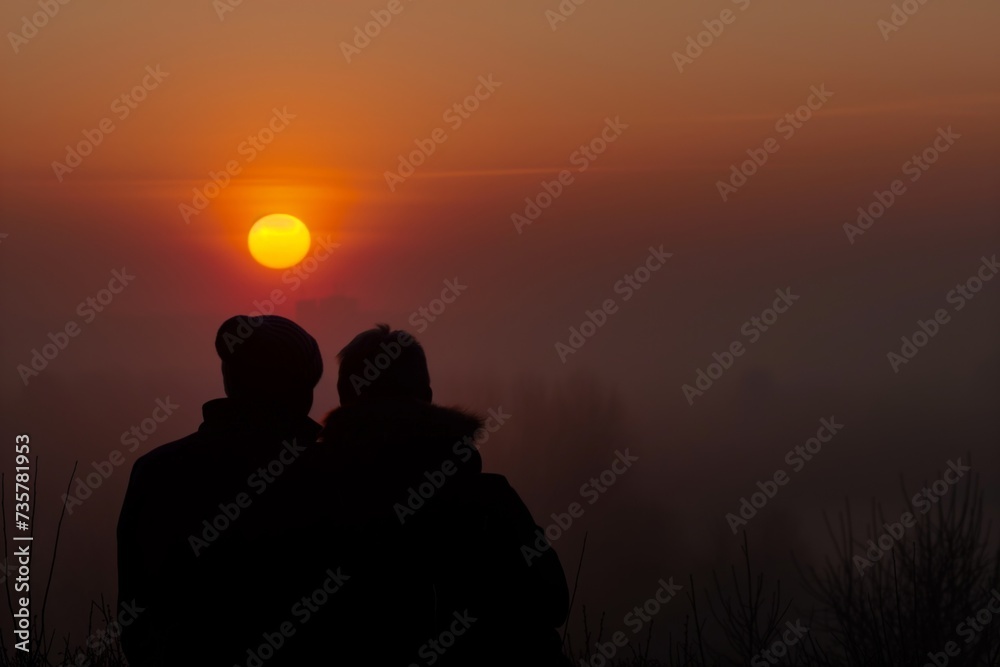 couple watching sunset obscured by thick smog