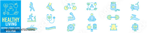 Healthy Lifestyle editable line icons wellness relaxation health exercise yoga spa diet wellbeing collection.