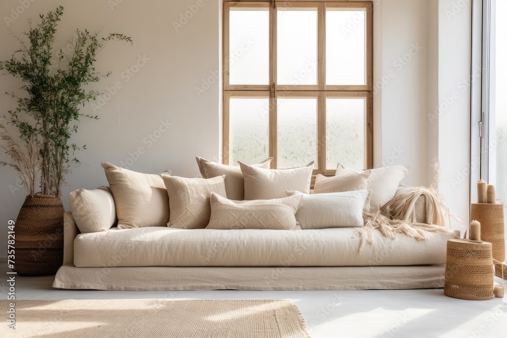 Fototapeta premium This photo features a simple living room with a couch positioned under a window, providing a view of the outside.