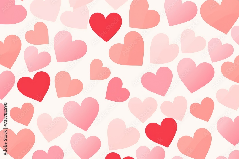 A vibrant photo showcasing a multitude of red and pink hearts scattered across a pristine white background.
