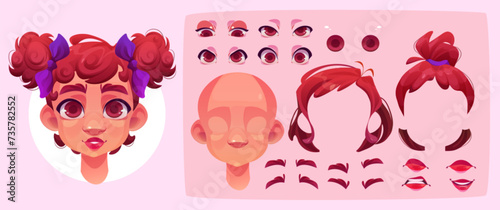 Little girl face construction kit with eye and lip shapes and positions, eyebrows and hairstyle. Cartoon set of female child portrait generator for creation of kid avatar with different emotions.