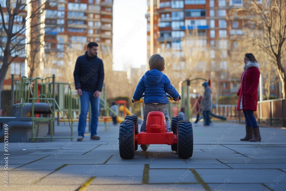 Obraz premium child on toy tractor, city playground, parents