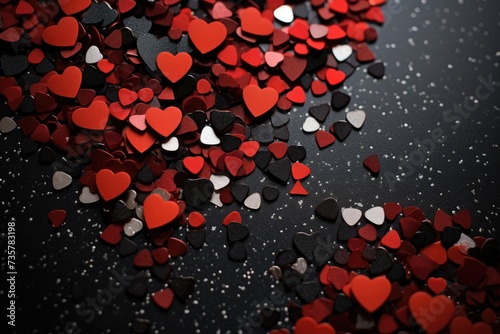 A collection of red and black hearts arranged neatly on a black surface, creating a visually striking composition.