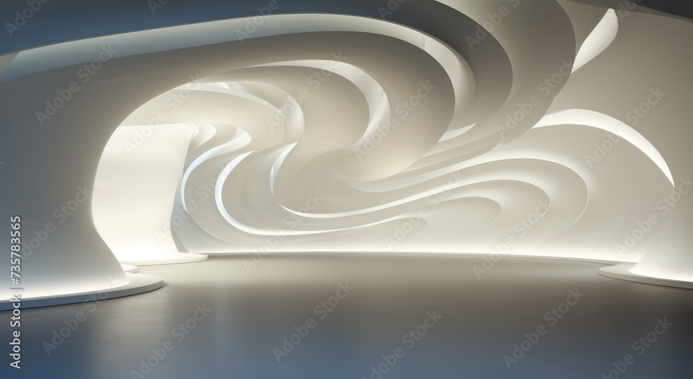 Fototapeta premium a white room with white lights and a curved wall abstract space with white lighting and an abstract shape