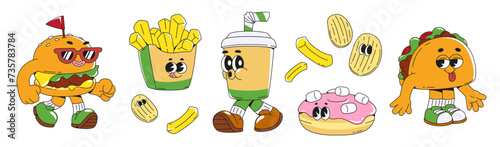 Retro groovy style food cartoon character set with cute faces. Funky fast food and drink mascot with emotions - hamburger and fries, soda plastic cup and donut with marshmallow, taco and chips