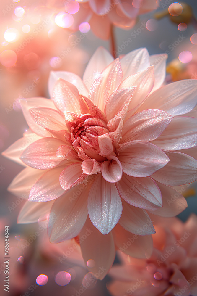 Closeup of soft pink dahlia flower with ethereal pink shimmer. Dreamlike spring summer theme. Smartphone wallpaper background idea. Closeup of soft pink dahlia flower with ethereal pink shimmer. Dreamlike spring summer theme. Smartphone wallpaper background idea.