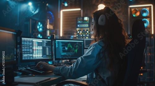 Documentary professionals analyzing financial data, with graphs and statistics visible in a busy office setting